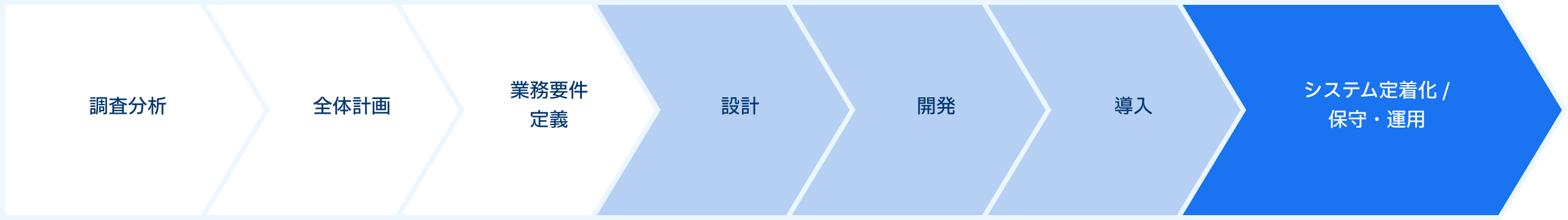 調査分析、全体計画、業務要件定義、設計、開発、導入、システム定着化/保守・運用
